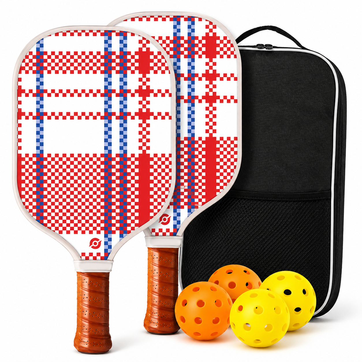 Set pickleball Gridline avec 2 raquettes rouge et bleu, 4 balles et sac de transport noir sur fond blanc