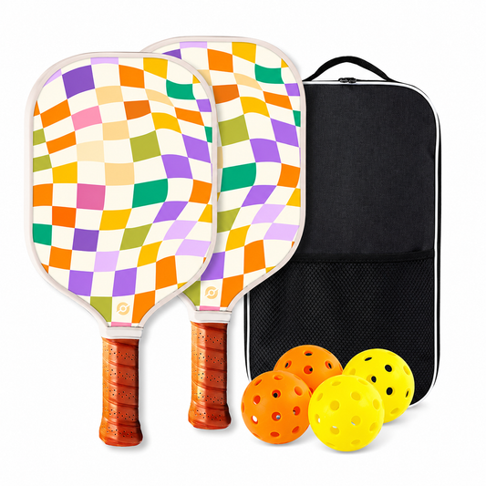 Set pickleball Mosaic avec 2 raquettes damier coloré, 4 balles et sac de transport noir
