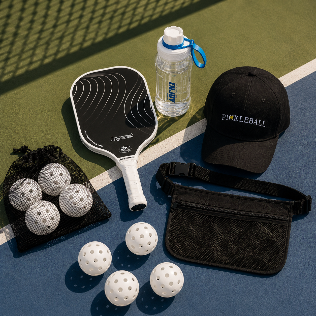 Kit complet de pickleball Smashline disposé sur le terrain comprenant une raquette Joysent noire et blanche, une casquette noire, sept balles blanches perforées avec filet, une gourde de sport transparente et une sacoche banane noire.