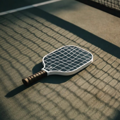 Raquette Grid de Smashline posée à côté des lignes blanches d'un terrain de pickleball avec ombre du filet.
