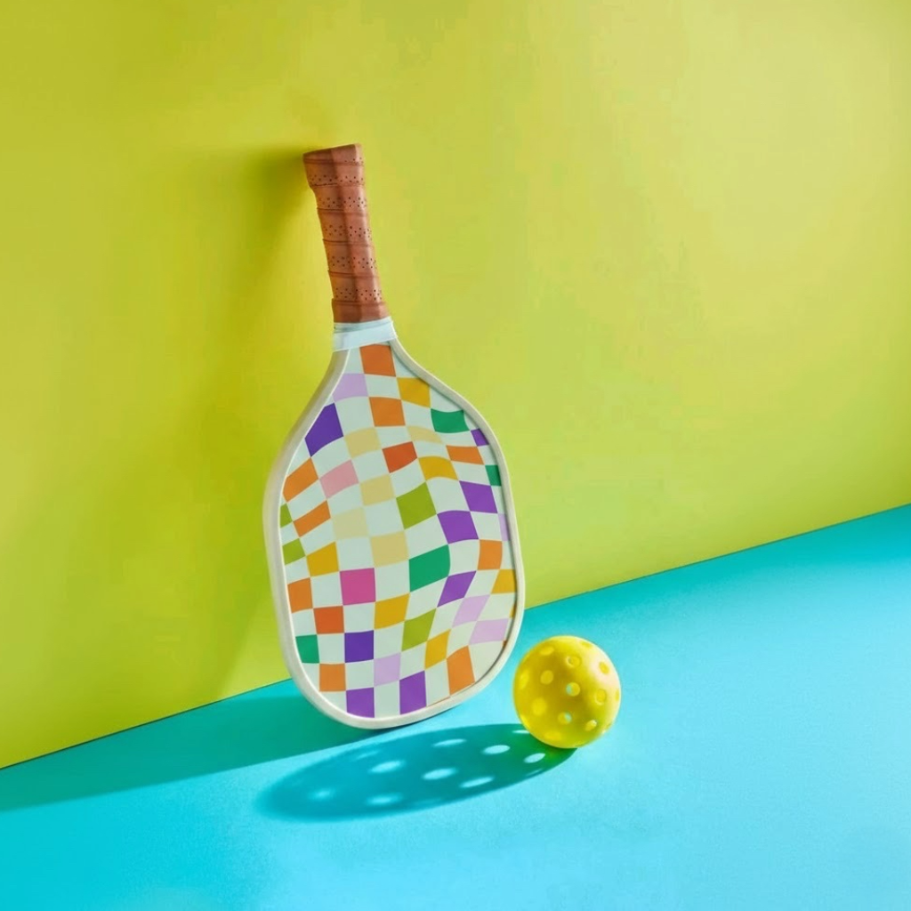 Raquette à damier psychédélique Mosaic tenant sur un mur avec une balle jaune.