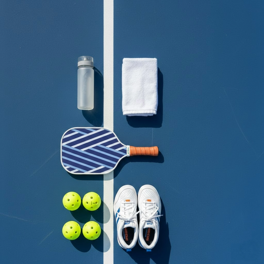 Raquette Stripe Smashline posée sur le sol avec matériel pour jouer au pickelball parfaitement alignés.