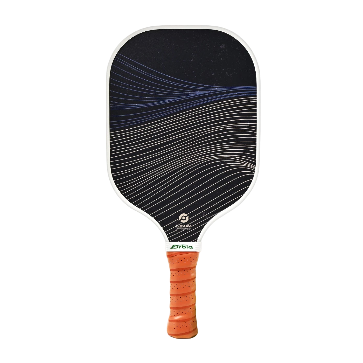 Raquette de pickleball Smashline Art Serie modèle Wave avec fines ondulations blanches sur fond noir.