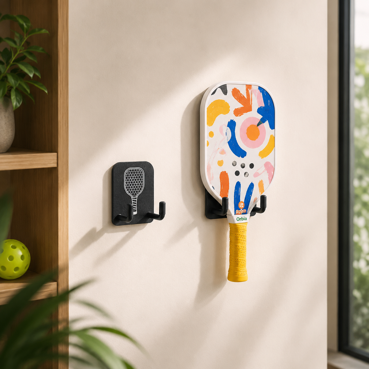 Support mural noir pour raquette de pickleball installé sur un mur blanc avec une raquette colorée suspendue.