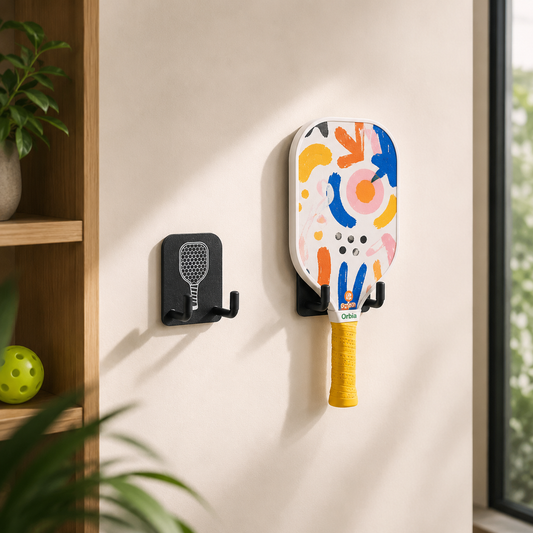 Support mural noir pour raquette de pickleball installé sur un mur blanc avec une raquette colorée suspendue.