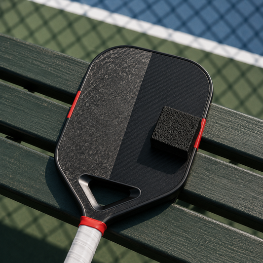 Gomme de nettoyage noire posée sur une raquette de pickleball en carbone pour illustrer l'élimination des résidus de balle.