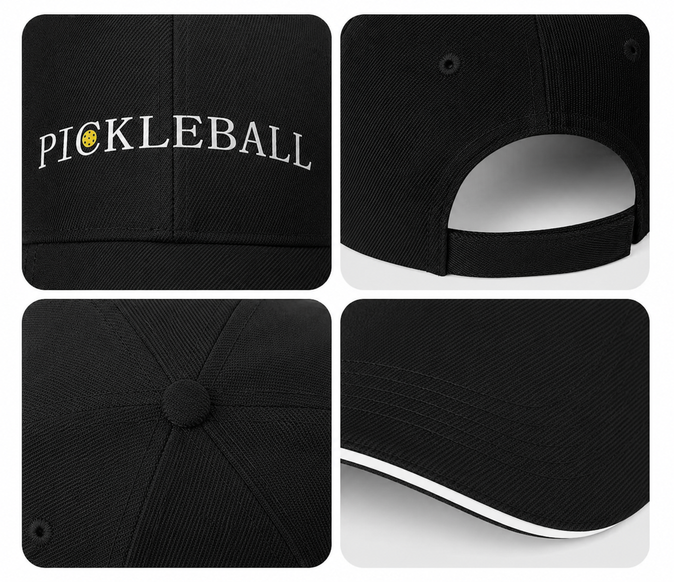 Gros plan sur les finitions de la casquette noire : logo imprimé, fermeture velcro arrière ajustable, coutures supérieures et liseré de la visière.